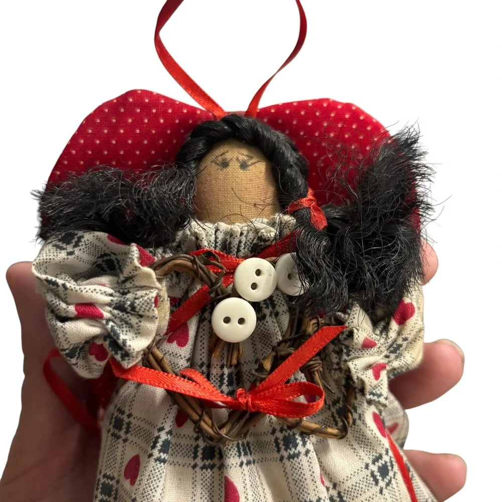 Handmade Primitive Angel Doll Ornament Plaid Heart‎ Dress Rustic Folk Art 8